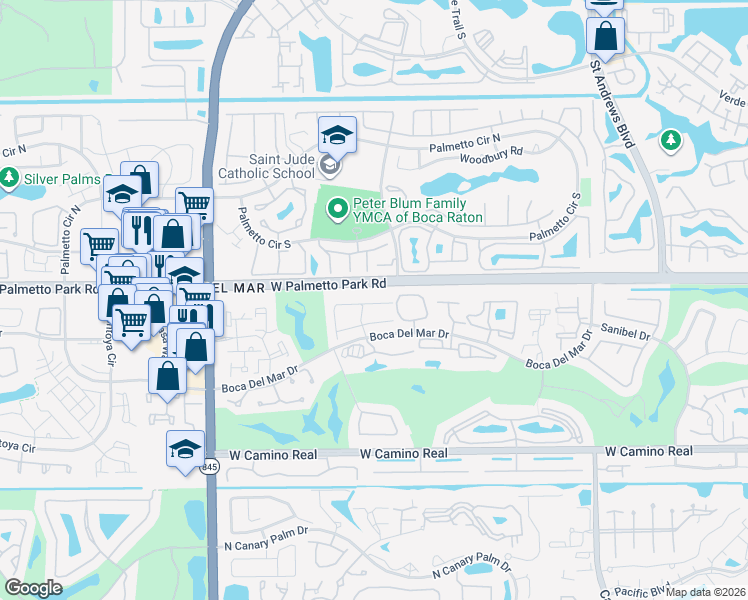 map of restaurants, bars, coffee shops, grocery stores, and more near in Boca Del Mar