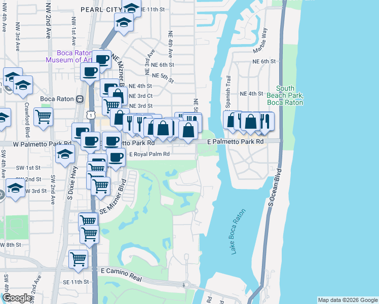 map of restaurants, bars, coffee shops, grocery stores, and more near 40 Southeast 5th Avenue in Boca Raton