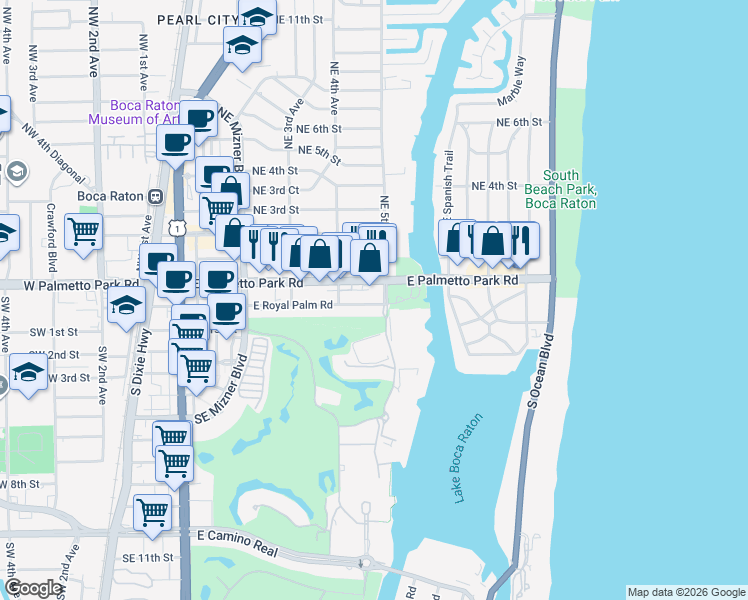 map of restaurants, bars, coffee shops, grocery stores, and more near 475 East Royal Palm Road in Boca Raton