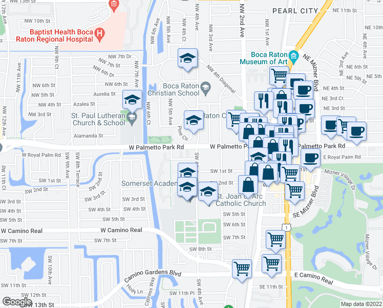 map of restaurants, bars, coffee shops, grocery stores, and more near in Boca Raton