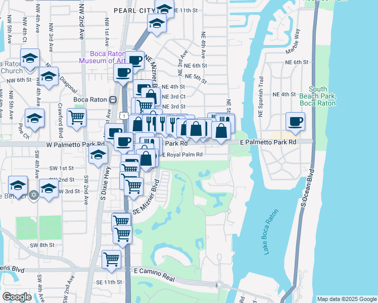 map of restaurants, bars, coffee shops, grocery stores, and more near 366 East Palmetto Park Road in Boca Raton