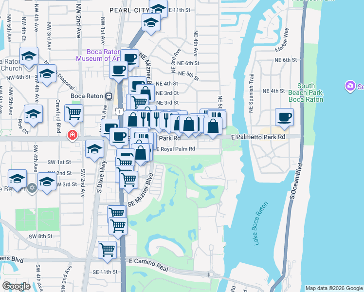 map of restaurants, bars, coffee shops, grocery stores, and more near 366 East Palmetto Park Road in Boca Raton
