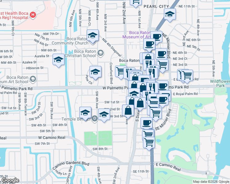 map of restaurants, bars, coffee shops, grocery stores, and more near 280 West Palmetto Park Road in Boca Raton