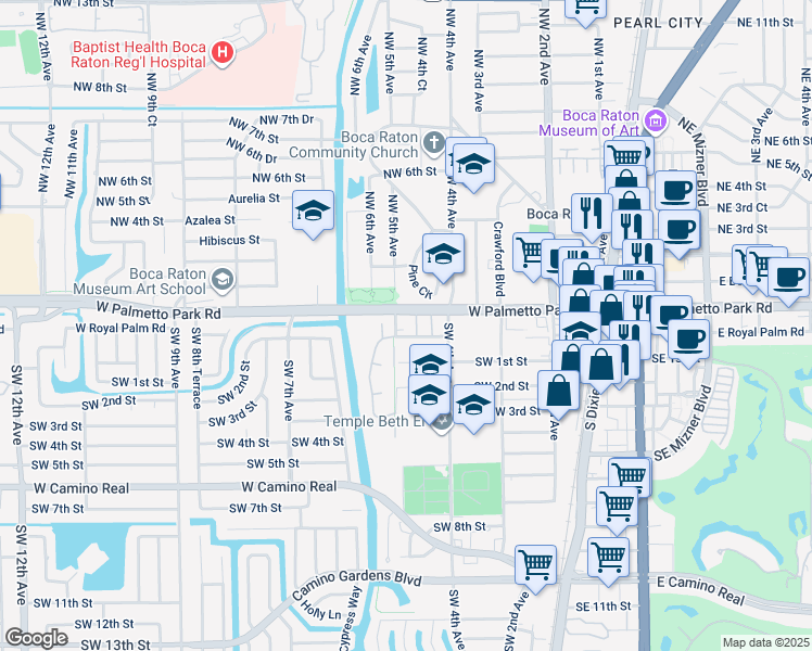 map of restaurants, bars, coffee shops, grocery stores, and more near 462 Pine Circle in Boca Raton