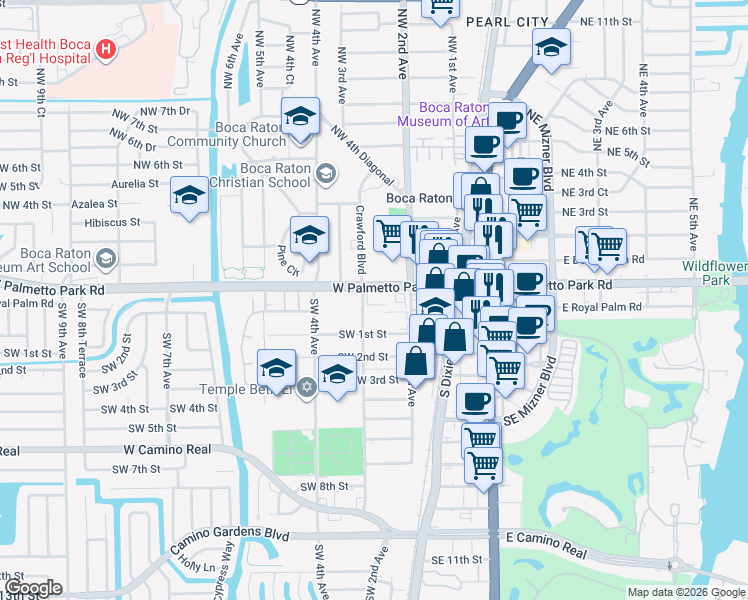 map of restaurants, bars, coffee shops, grocery stores, and more near 280 West Palmetto Park Road in Boca Raton