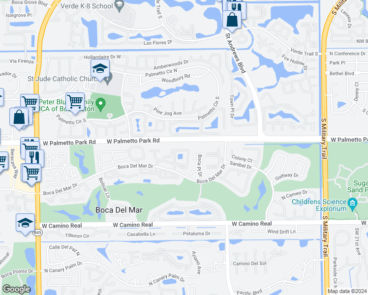 map of restaurants, bars, coffee shops, grocery stores, and more near 22052 Palms Way in Boca Raton