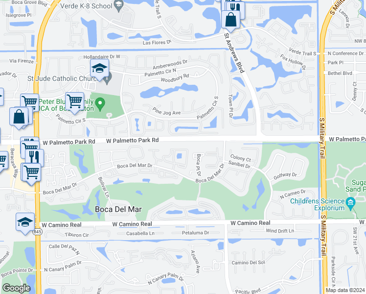 map of restaurants, bars, coffee shops, grocery stores, and more near 22160 Palms Way in Boca Raton