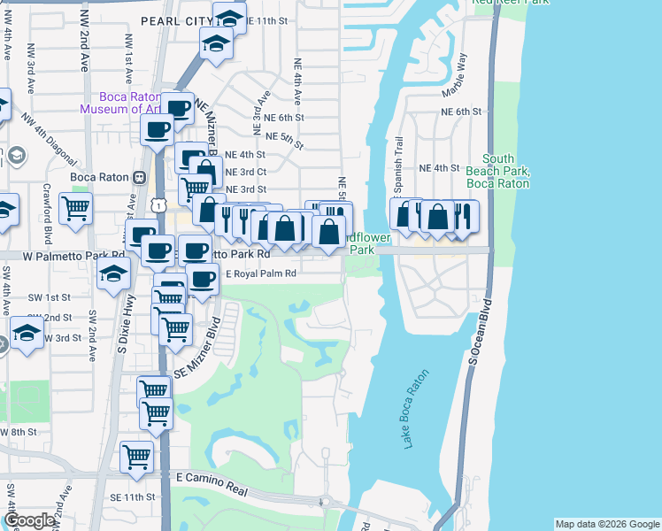 map of restaurants, bars, coffee shops, grocery stores, and more near 490 East Palmetto Park Road in Boca Raton