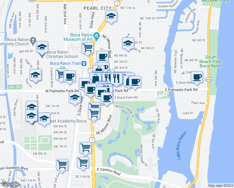 map of restaurants, bars, coffee shops, grocery stores, and more near 200 East Palmetto Park Road in Boca Raton