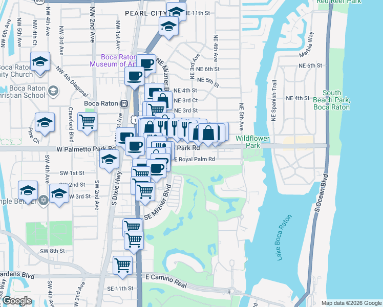 map of restaurants, bars, coffee shops, grocery stores, and more near 256 East Palmetto Park Road in Boca Raton