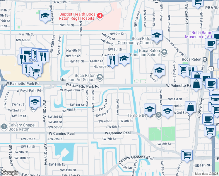 map of restaurants, bars, coffee shops, grocery stores, and more near 765 West Palmetto Park Road in Boca Raton