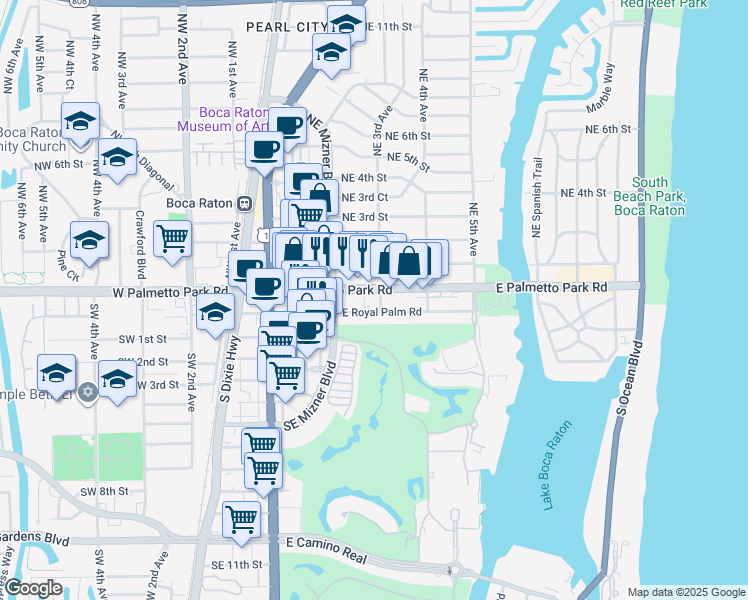 map of restaurants, bars, coffee shops, grocery stores, and more near 256 East Palmetto Park Road in Boca Raton