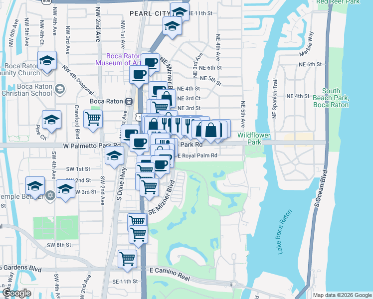 map of restaurants, bars, coffee shops, grocery stores, and more near 256 East Palmetto Park Road in Boca Raton