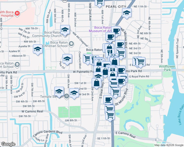 map of restaurants, bars, coffee shops, grocery stores, and more near 150 West Palmetto Park Road in Boca Raton