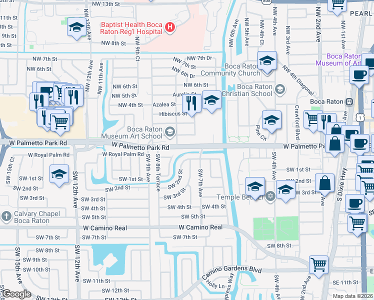 map of restaurants, bars, coffee shops, grocery stores, and more near 765 West Palmetto Park Road in Boca Raton