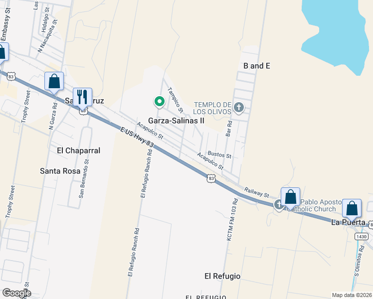 map of restaurants, bars, coffee shops, grocery stores, and more near 5617 Acapulco Street in Rio Grande City