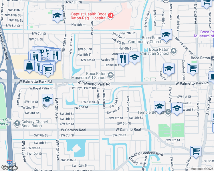 map of restaurants, bars, coffee shops, grocery stores, and more near 838 West Palmetto Park Road in Boca Raton