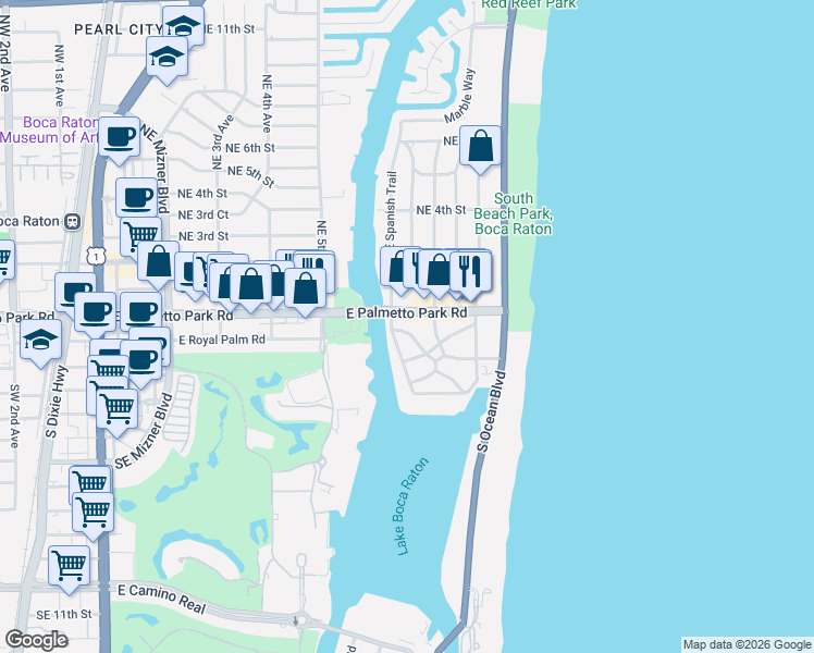 map of restaurants, bars, coffee shops, grocery stores, and more near 716 East Palmetto Park Road in Boca Raton