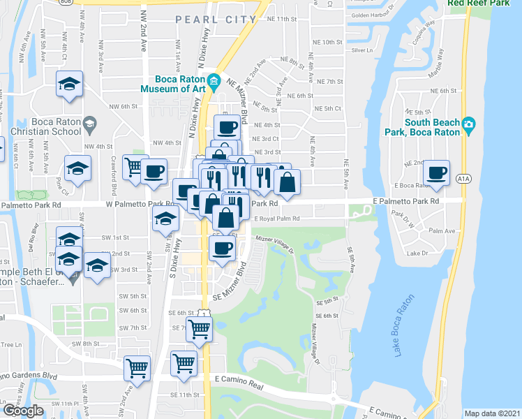 map of restaurants, bars, coffee shops, grocery stores, and more near 150 East Palmetto Park Road in Boca Raton