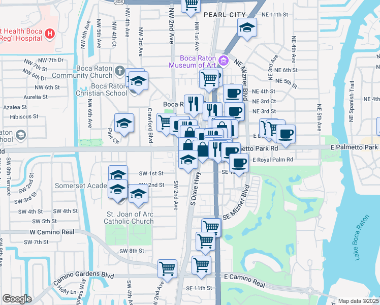 map of restaurants, bars, coffee shops, grocery stores, and more near 120 West Palmetto Park Road in Boca Raton