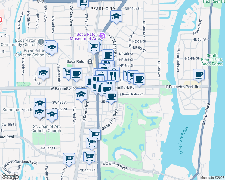 map of restaurants, bars, coffee shops, grocery stores, and more near 120 East Palmetto Park Road in Boca Raton
