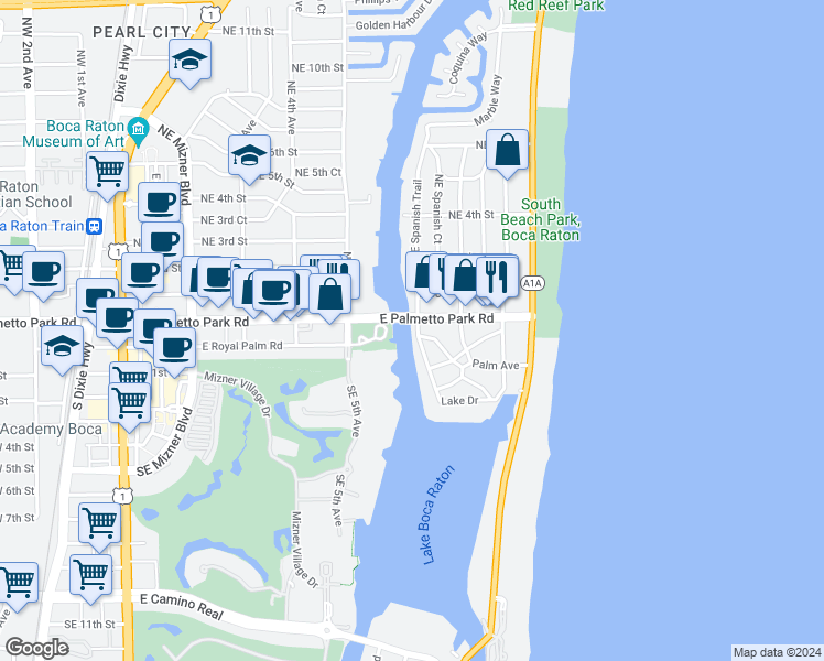 map of restaurants, bars, coffee shops, grocery stores, and more near 716 East Palmetto Park Road in Boca Raton