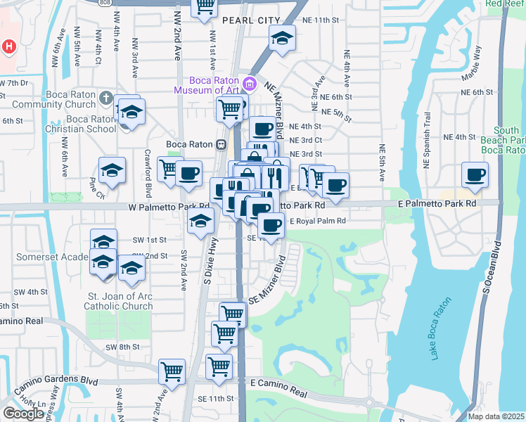 map of restaurants, bars, coffee shops, grocery stores, and more near 120 East Palmetto Park Road in Boca Raton