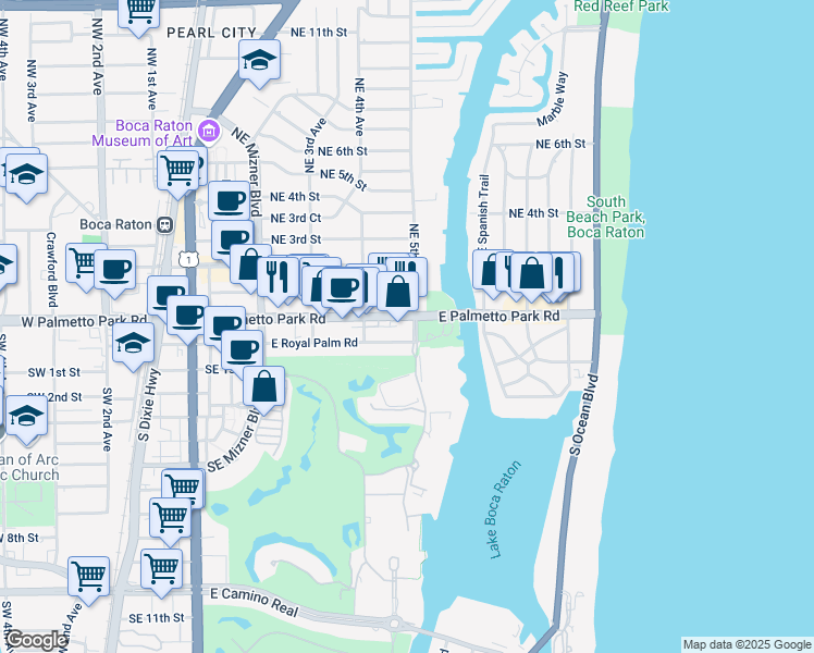 map of restaurants, bars, coffee shops, grocery stores, and more near 490 East Palmetto Park Road in Boca Raton