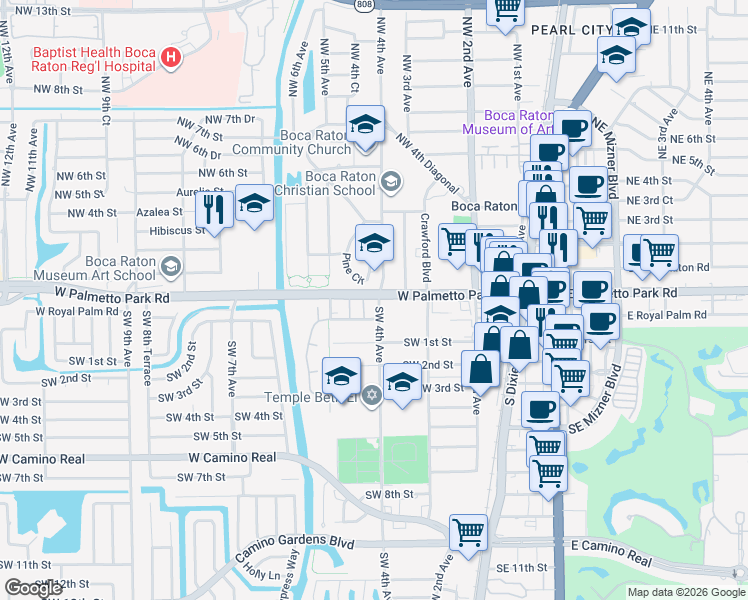 map of restaurants, bars, coffee shops, grocery stores, and more near 11 Southwest 4th Avenue in Boca Raton