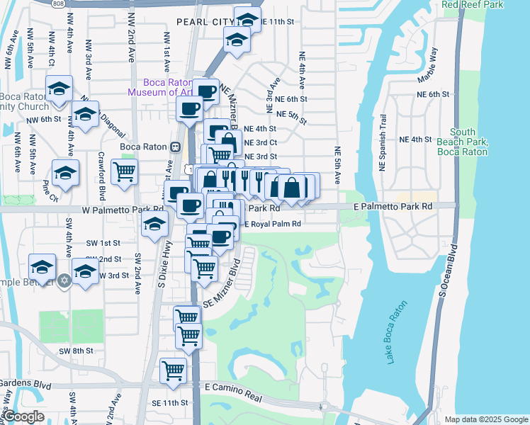 map of restaurants, bars, coffee shops, grocery stores, and more near 256 East Palmetto Park Road in Boca Raton