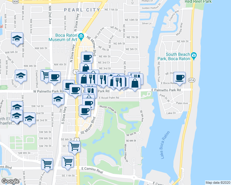 map of restaurants, bars, coffee shops, grocery stores, and more near 366 East Palmetto Park Road in Boca Raton