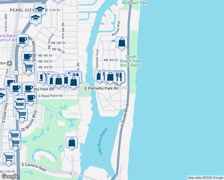 map of restaurants, bars, coffee shops, grocery stores, and more near 850 East Palmetto Park Road in Boca Raton