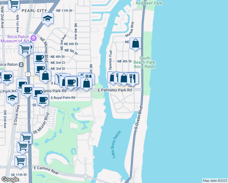 map of restaurants, bars, coffee shops, grocery stores, and more near 716 East Palmetto Park Road in Boca Raton
