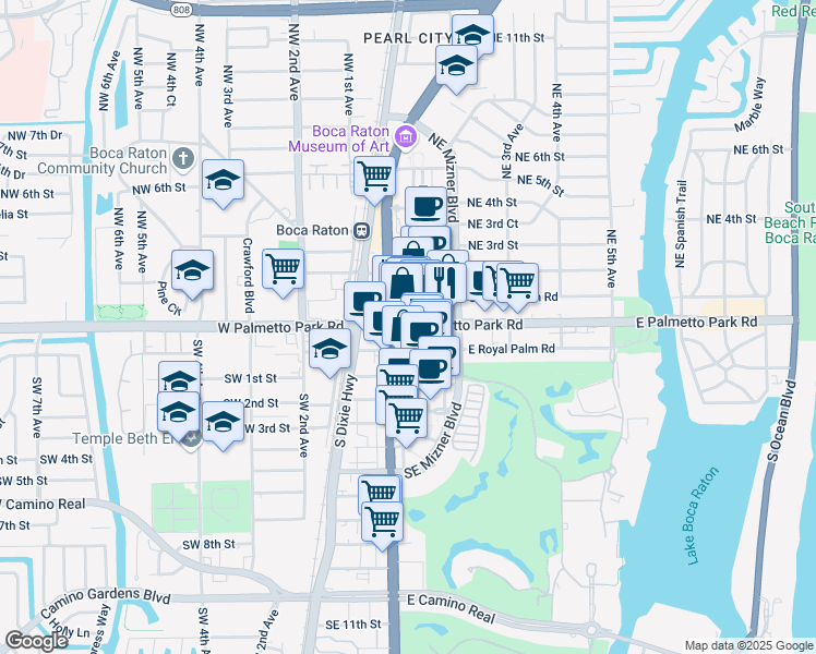 map of restaurants, bars, coffee shops, grocery stores, and more near 100 E Palmetto Park Rd in Boca Raton