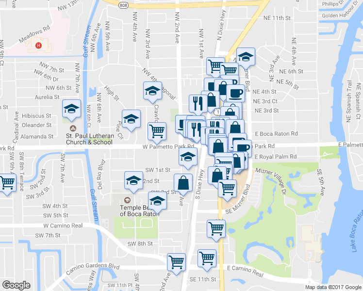 map of restaurants, bars, coffee shops, grocery stores, and more near W Palmetto Park Rd & NW 2nd Ave in Boca Raton