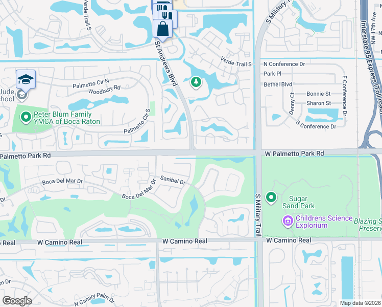 map of restaurants, bars, coffee shops, grocery stores, and more near W Palmetto Park Rd & St Andrews Blvd in Boca Raton