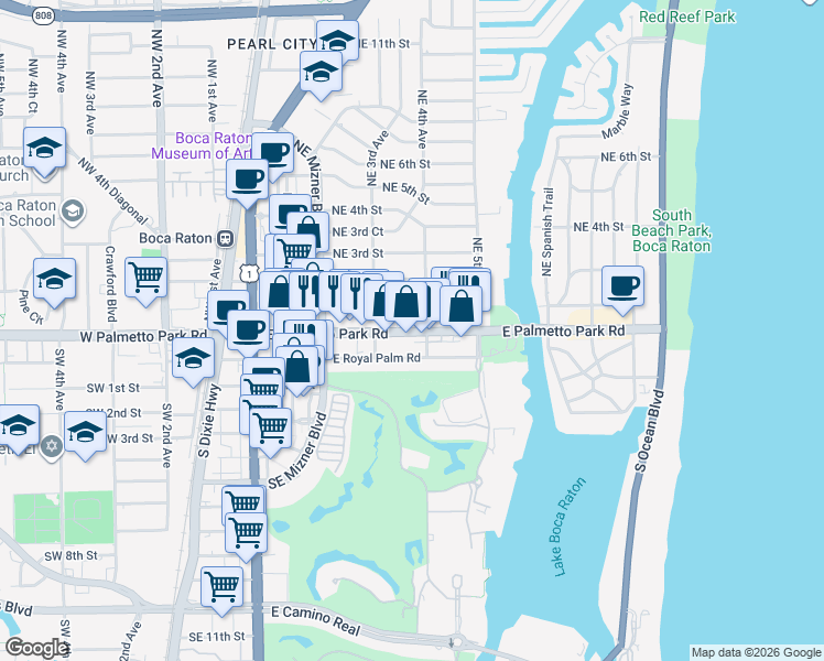 map of restaurants, bars, coffee shops, grocery stores, and more near 366 East Palmetto Park Road in Boca Raton