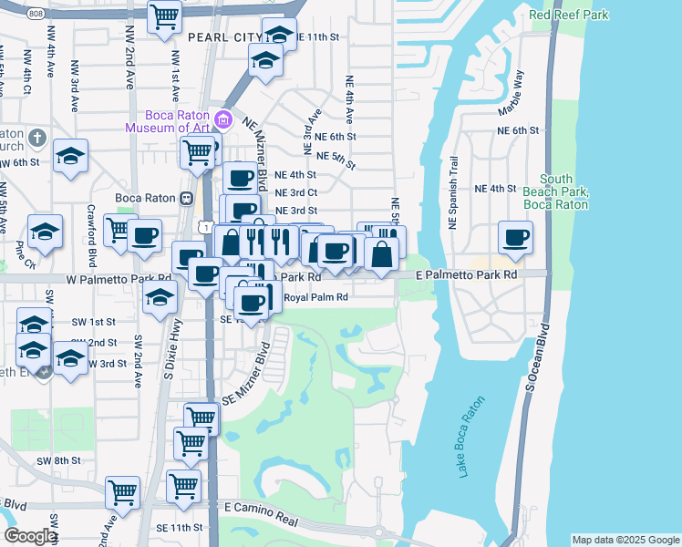 map of restaurants, bars, coffee shops, grocery stores, and more near 333 East Palmetto Park Road in Boca Raton