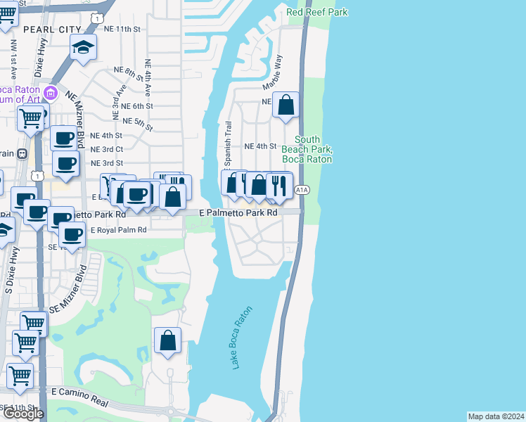 map of restaurants, bars, coffee shops, grocery stores, and more near 850 East Palmetto Park Road in Boca Raton