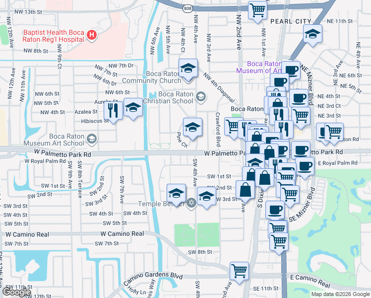 map of restaurants, bars, coffee shops, grocery stores, and more near 441 West Palmetto Park Road in Boca Raton
