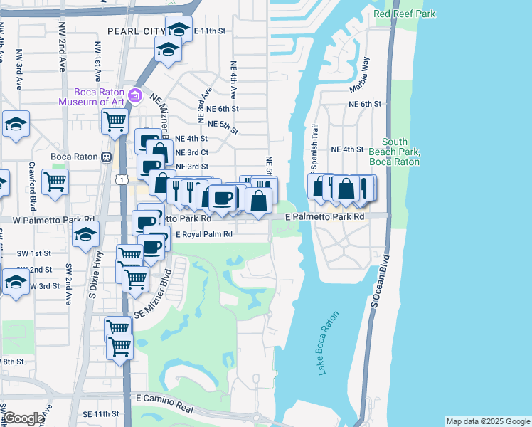 map of restaurants, bars, coffee shops, grocery stores, and more near 490 East Palmetto Park Road in Boca Raton