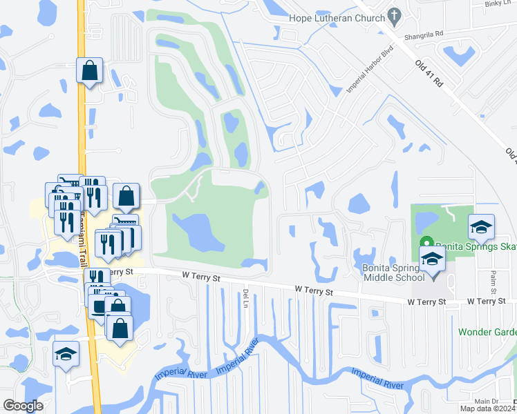 map of restaurants, bars, coffee shops, grocery stores, and more near 4950 Highland Woods Boulevard in Bonita Springs