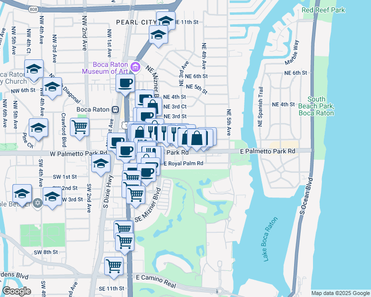 map of restaurants, bars, coffee shops, grocery stores, and more near 256 East Palmetto Park Road in Boca Raton