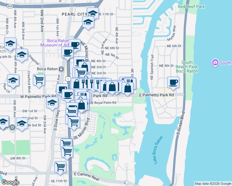 map of restaurants, bars, coffee shops, grocery stores, and more near 369 East Palmetto Park Road in Boca Raton