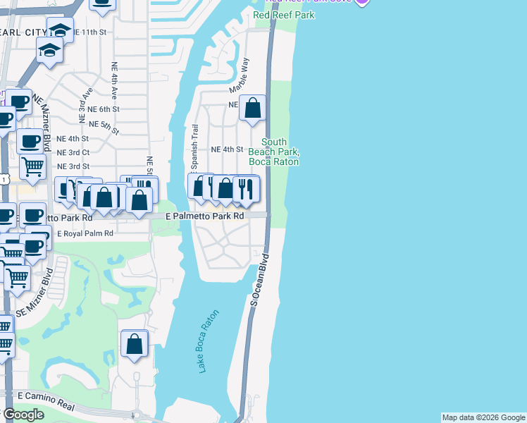 map of restaurants, bars, coffee shops, grocery stores, and more near 1s South Ocean Boulevard in Boca Raton