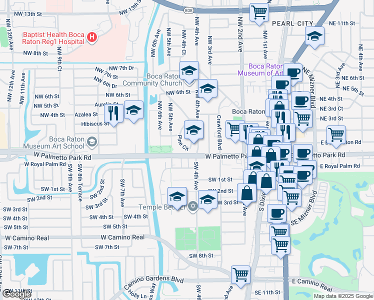 map of restaurants, bars, coffee shops, grocery stores, and more near 462 Pine Circle in Boca Raton
