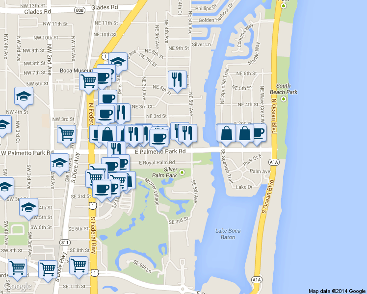 map of restaurants, bars, coffee shops, grocery stores, and more near in Boca Raton