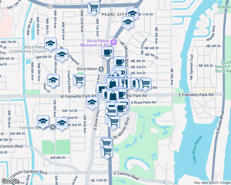 map of restaurants, bars, coffee shops, grocery stores, and more near 120 East Palmetto Park Road in Boca Raton