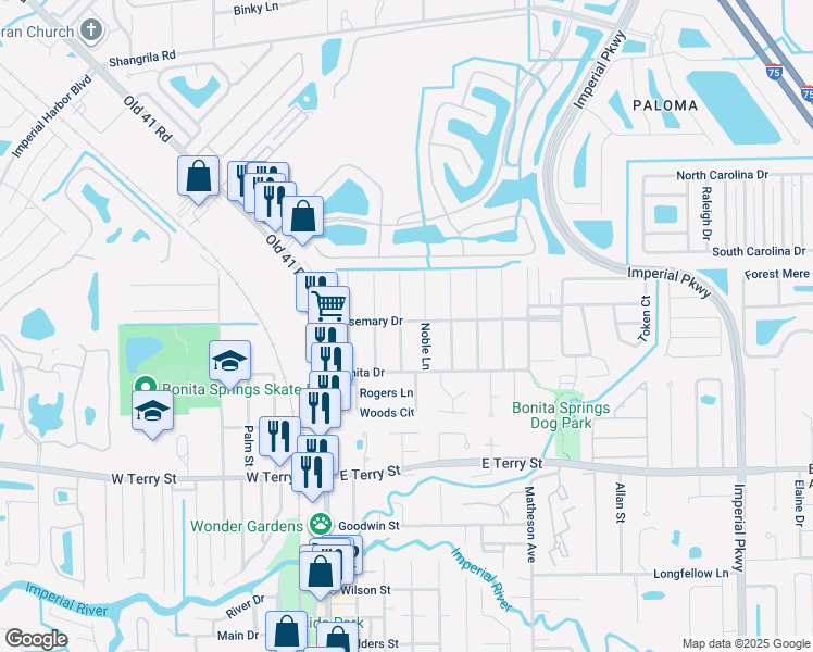 map of restaurants, bars, coffee shops, grocery stores, and more near 26570 Noble Lane in Bonita Springs
