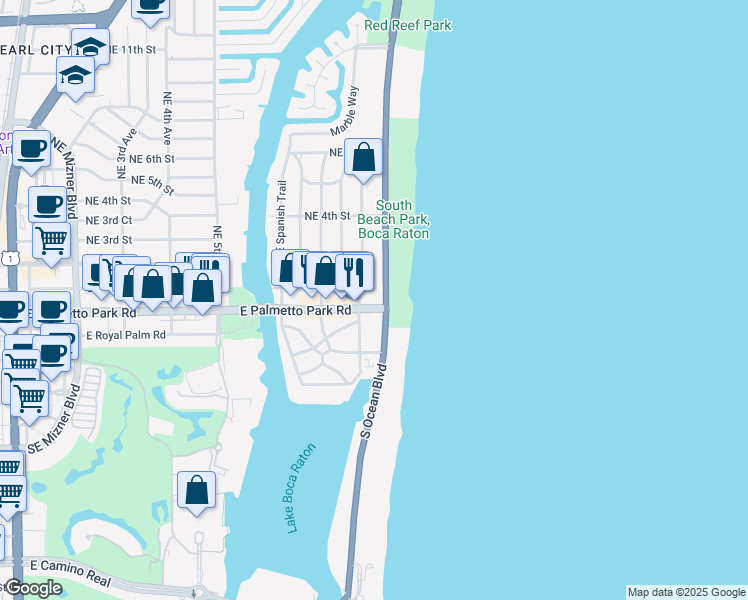 map of restaurants, bars, coffee shops, grocery stores, and more near 1 North Ocean Boulevard in Boca Raton